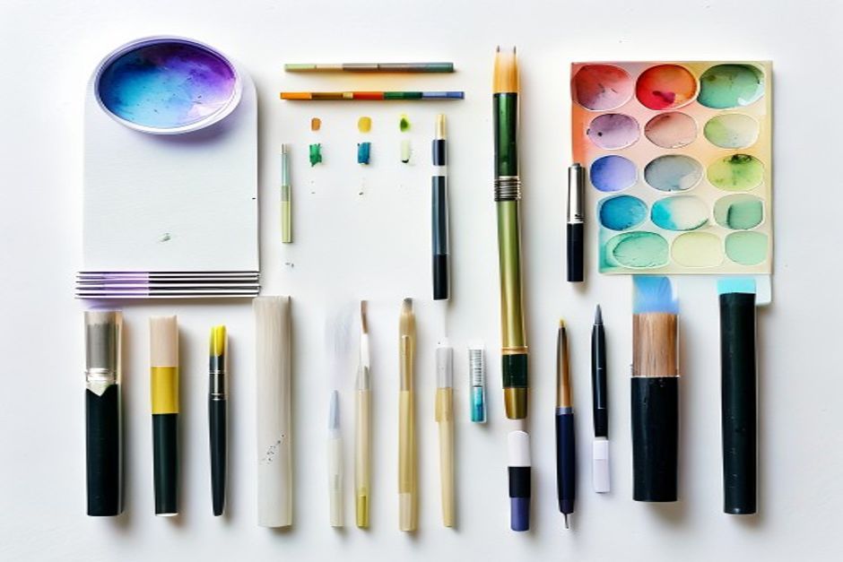 Watercolor calligraphy supplies flat lay - water brushes brush pens watercolor paints and paper